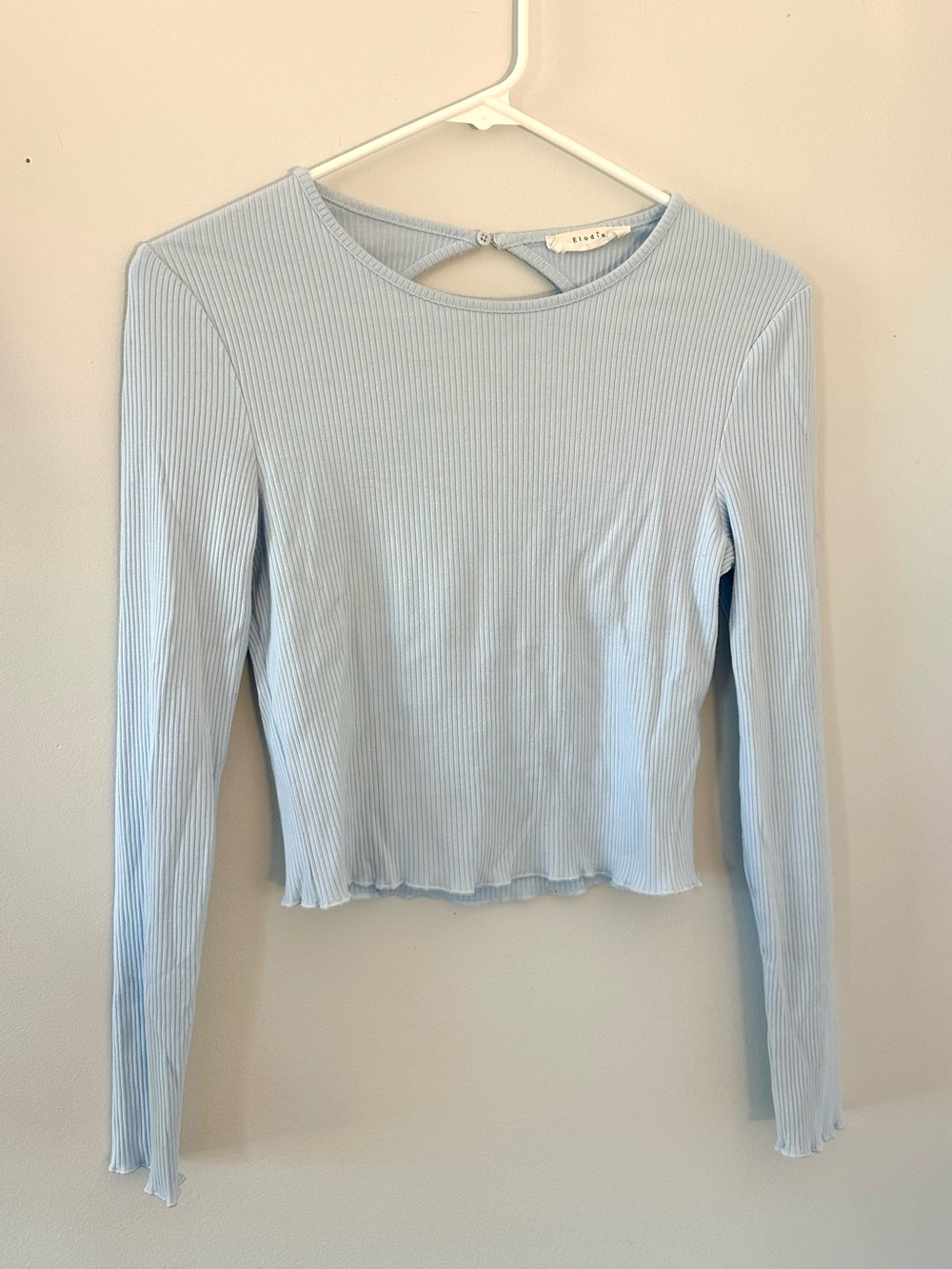 Light Blue Ribbed Open Back Long-Sleeve Crop Top